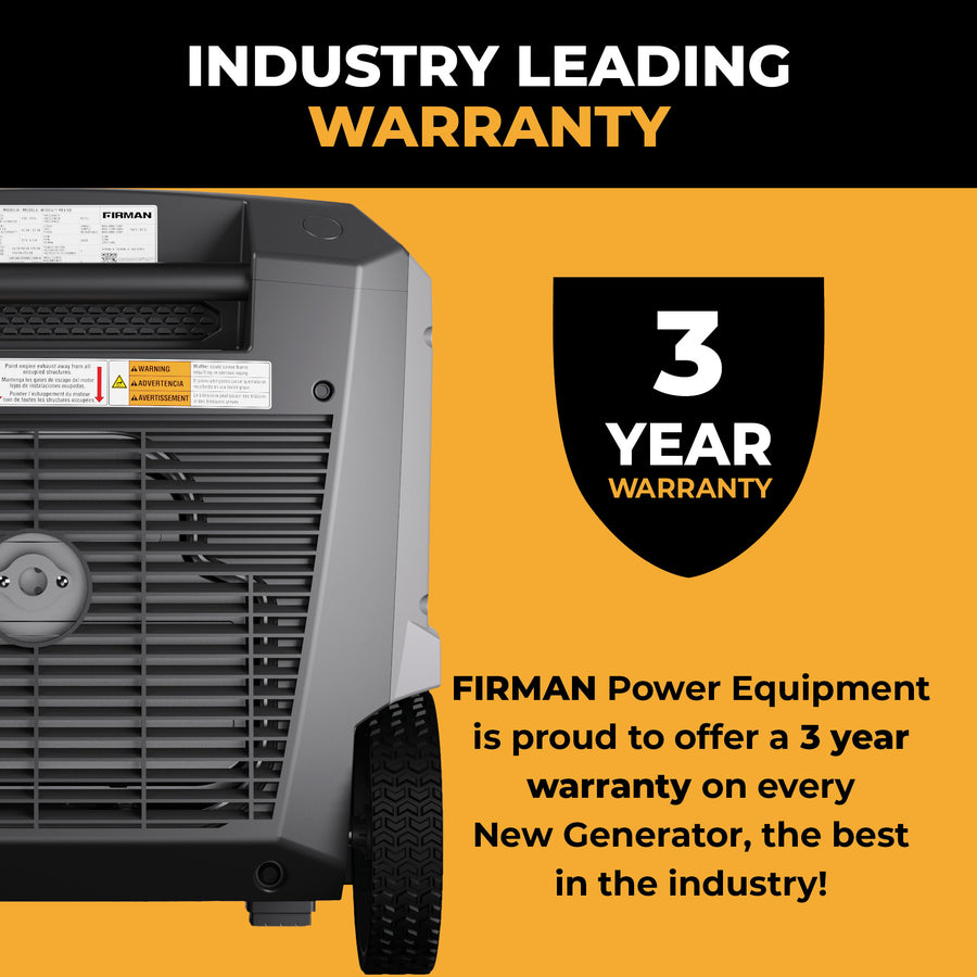 Partial view of the FIRMAN Power Equipment Tri Fuel Inverter Portable Generator 6850W Electric Start With CO Alert beside a "3 Year Warranty" badge; text highlights FIRMAN’s industry-best 3-year warranty on new generators.