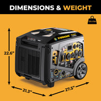 The FIRMAN Power Equipment Tri Fuel Inverter Portable Generator 6850W Electric Start with CO Alert is shown with control panel and wheels on a yellow background; Whisper Series quiet, measures 22.6"H x 21.3"D x 27.5"W, weighs 131.4 lbs.