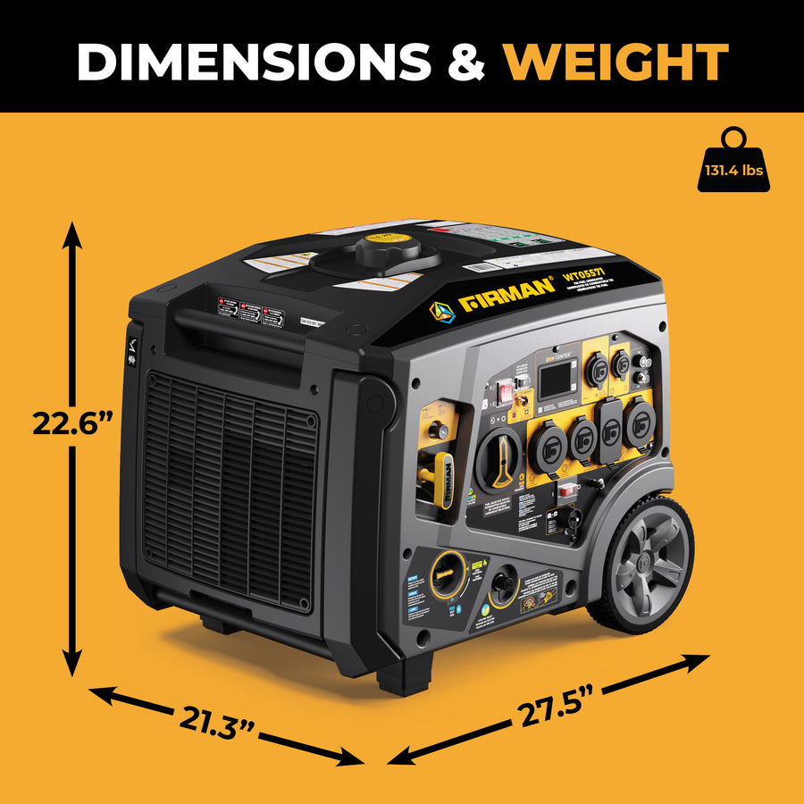 The FIRMAN Power Equipment Tri Fuel Inverter Portable Generator 6850W Electric Start with CO Alert is shown with control panel and wheels on a yellow background; Whisper Series quiet, measures 22.6"H x 21.3"D x 27.5"W, weighs 131.4 lbs.