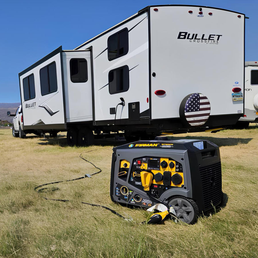 A FIRMAN Power Equipment Tri Fuel Inverter Portable Generator 6850W Electric Start with CO Alert runs on grass outside a parked white Bullet Crossfire travel trailer, powering it through an extension cord.