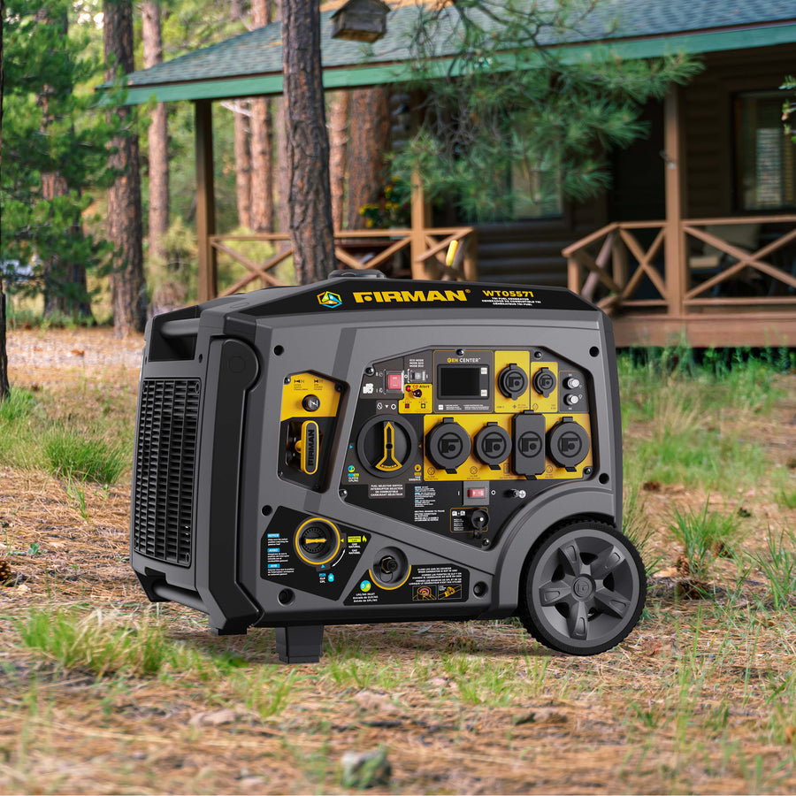 The FIRMAN Power Equipment Tri Fuel Inverter Portable Generator 6850W with electric start and CO Alert offers flexible power outdoors on its portable wheels, making it ideal for wooded cabins and safe operation.