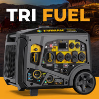 A FIRMAN Power Equipment Tri Fuel Inverter Portable Generator 6850W Electric Start with CO Alert is shown in front, while an SUV is parked beside a tent in the background.