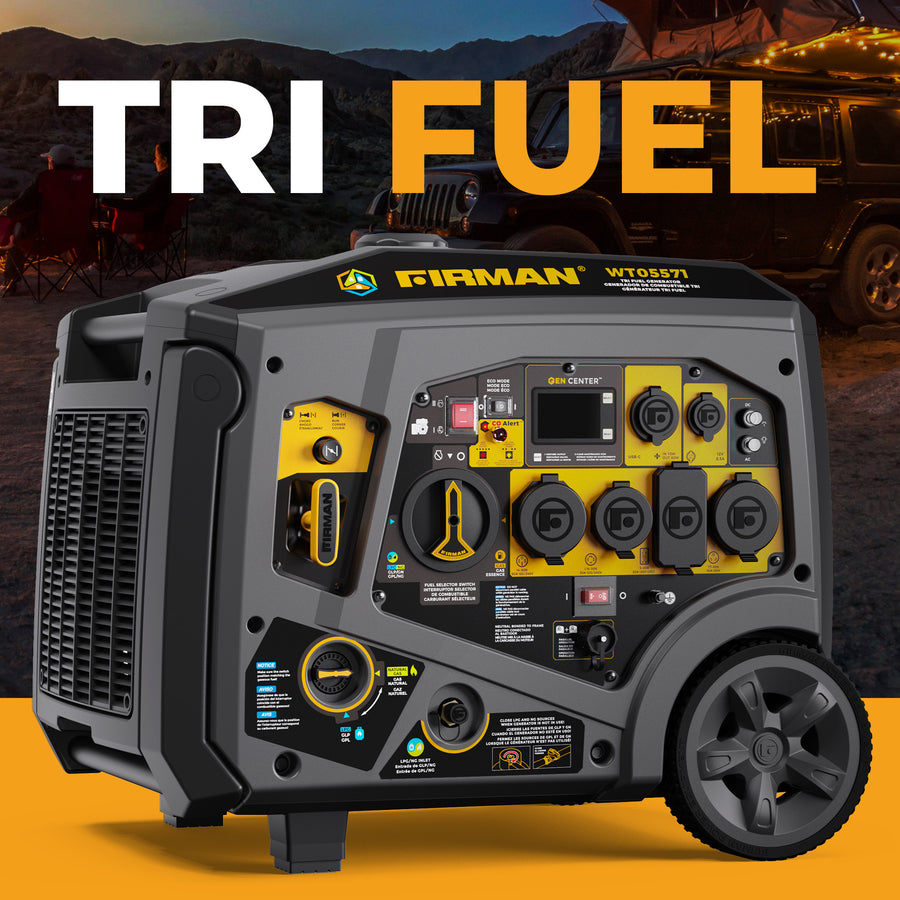 A FIRMAN Power Equipment Tri Fuel Inverter Portable Generator 6850W Electric Start with CO Alert is shown in front, while an SUV is parked beside a tent in the background.