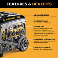 Close-up of the FIRMAN Tri Fuel Inverter Portable Generator 6850W with electric start, 5.3-gallon tank, CO Alert for safety, multiple outlets, and 8-inch never flat wheels for easy mobility.