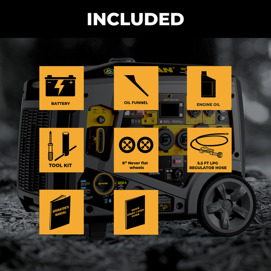 The FIRMAN Tri Fuel Inverter Portable Generator 6850W Electric Start with CO Alert includes a battery, oil funnel, engine oil, tool kit, never flat wheels, 5.5 ft LPG hose, manual, quick start guide, and the generator itself.