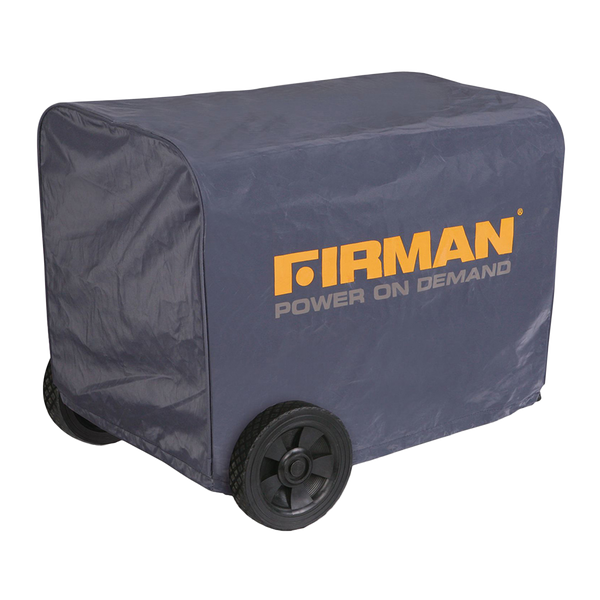 A Medium Size Portable Generator And Inverter Cover covered by a gray all-weather FIRMAN Power Equipment generator cover with the "FIRMAN power on demand" logo on the side, displayed on a white background.