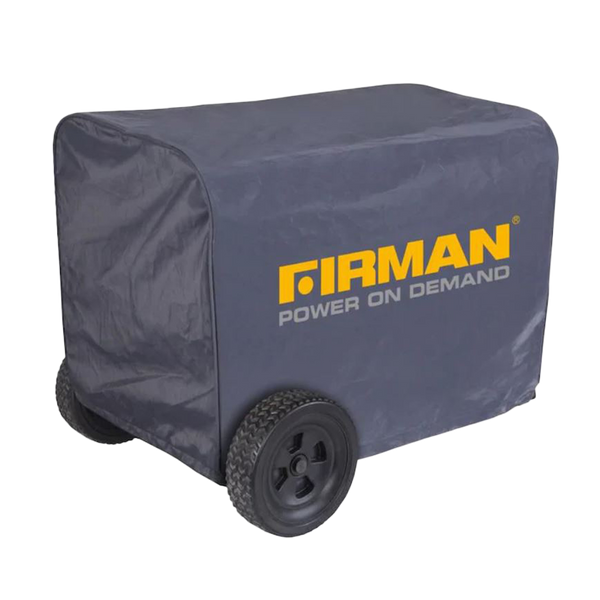 A gray FIRMAN Power Equipment Large Size Portable Generator Cover over a portable generator featuring the "firman power on demand" logo on the side.