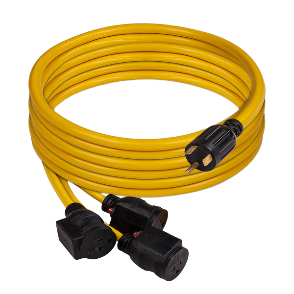A yellow FIRMAN Power Equipment 25' Heavy Duty TT-30P to (3)5-20R Portable Generator Power Cord With Storage Strap, coiled neatly.
