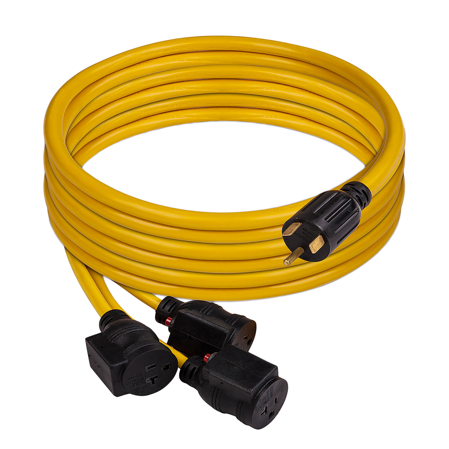 A yellow FIRMAN Power Equipment 25' Heavy Duty TT-30P to (3)5-20R Portable Generator Power Cord With Storage Strap, coiled neatly.