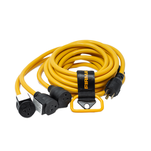 Coiled yellow FIRMAN Power Equipment 25' Heavy Duty L5-30P to (3) 5-20R power cord with a black label and multiple black sockets, isolated on a white background.