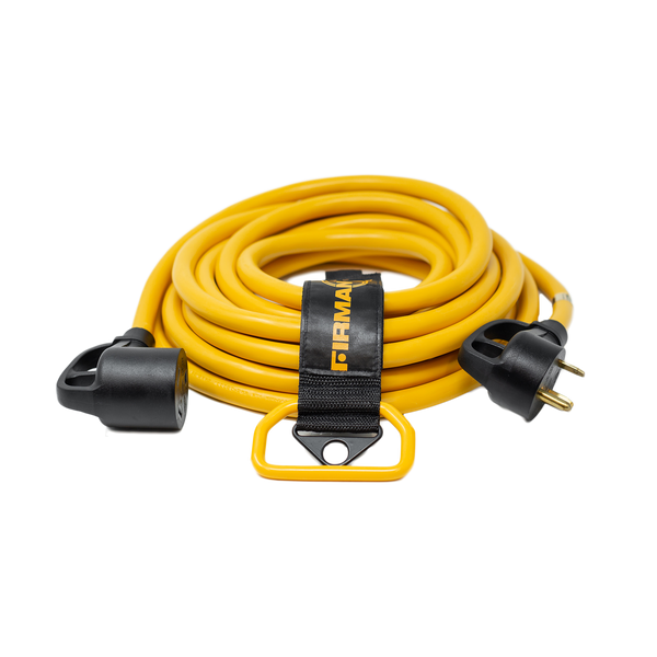 A coiled yellow FIRMAN Power Equipment 25' Heavy Duty TT-30P to TT-30R power cord with a black strap, featuring a three-prong plug on one end, isolated on a white background.