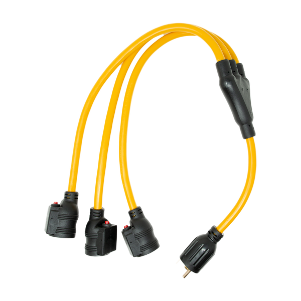 A yellow FIRMAN 3' Heavy Duty TT-30P to (3) 5-20R Short Power Cord with multiple black outlets and a single plug, isolated on a white background.