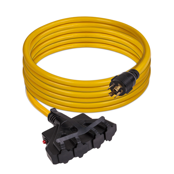 A coiled yellow extension cord with a black triple outlet junction box and a connected plug, ideal for workspace organization, set against a white background - FIRMAN Power Equipment 25' Heavy Duty L14-30P to (4) 5-20R Power Cord With Storage Strap.