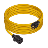 Yellow FIRMAN Power Equipment 25' Heavy Duty L14-30P to L14-30R Power Cord Extension With Storage Strap coiled with one male and one female connector visible, suitable for outdoor use.