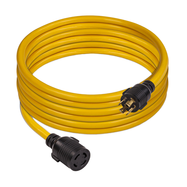 Yellow FIRMAN Power Equipment 25' Heavy Duty L14-30P to L14-30R Power Cord Extension With Storage Strap coiled with one male and one female connector visible, suitable for outdoor use.