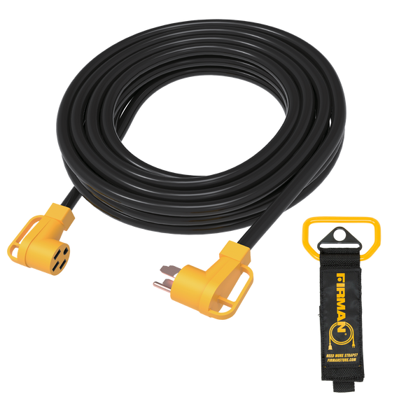 A heavy-duty, coiled FIRMAN Power Equipment 14-50P to 14-50R 25' extension power cord with yellow connectors, accompanied by a yellow and black velcro strap marked with the FIRMAN Power Equipment logo.