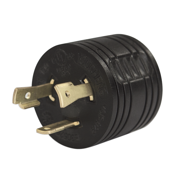 A black FIRMAN Power Equipment L5-30P to TT-30R Adapter isolated on a white background.