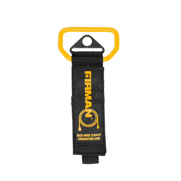 Black and yellow FIRMAN Power Equipment Heavy Duty Storage Strap with Handle, featuring a webbed design and printed text logo, isolated on a white background.