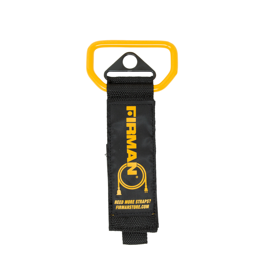 Black and yellow FIRMAN Power Equipment Heavy Duty Storage Strap with Handle, featuring a webbed design and printed text logo, isolated on a white background.