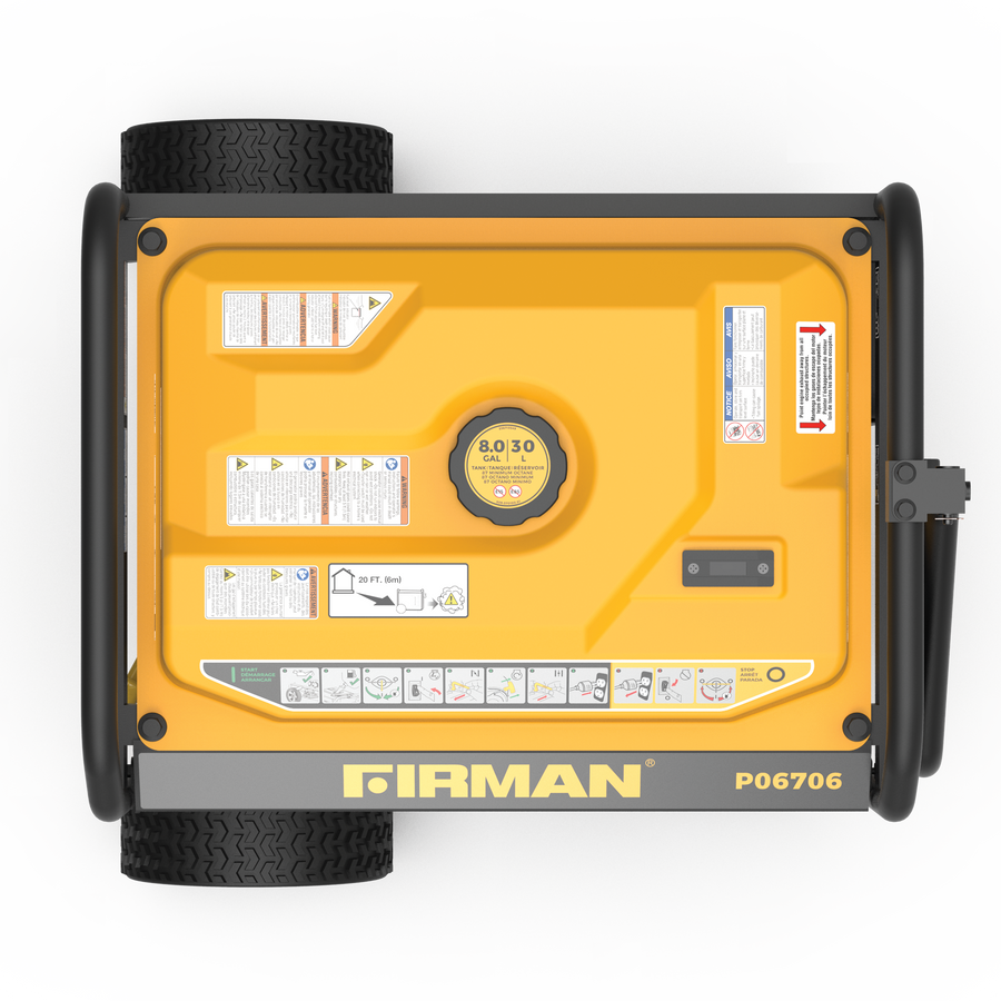 Top view of a yellow FIRMAN Power Equipment Gas Portable Generator 8350W Recoil Start 120/240V with black wheels and visible control labels and settings.