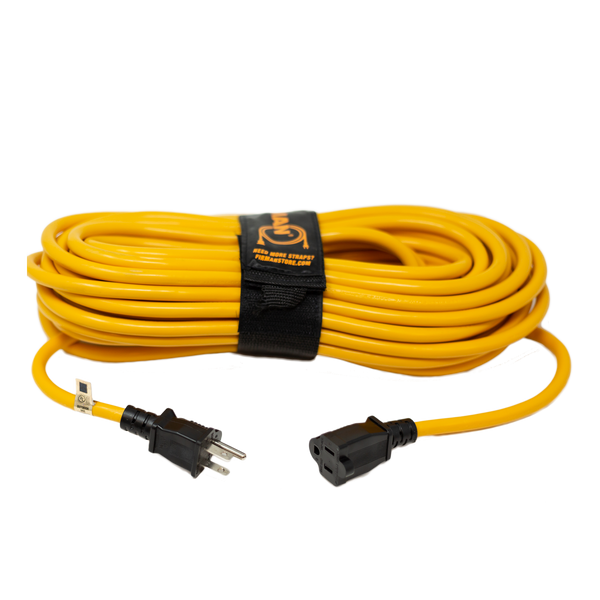 A coiled yellow FIRMAN Power Equipment 50' Medium Duty 5-15P to 5-15R Generator Utility Power Cord with a velcro storage strap, featuring a three-prong plug on one end and a single socket on the other.