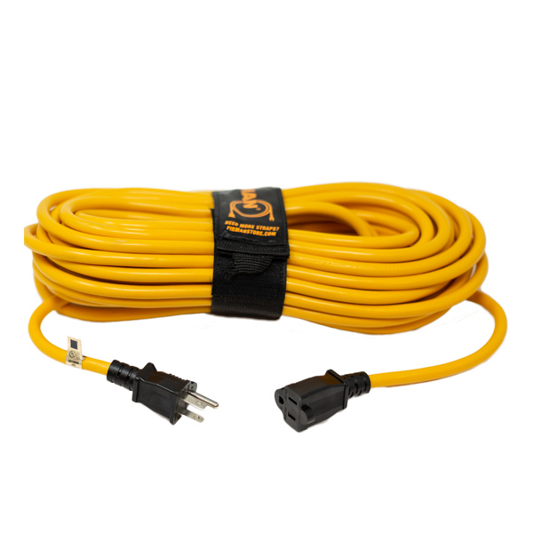 The FIRMAN Power Equipment 50ft Medium Duty 5-15P to 5-15R Generator Utility Power Cord comes with a storage strap and features black plug and socket ends.