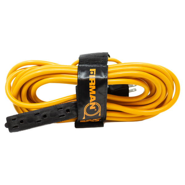 Yellow 25' Medium Duty 5-15P to (3) 5-15R Generator Utility Power Cord neatly coiled and secured with a black velcro storage strap, bearing the FIRMAN Power Equipment logo, against a white background.