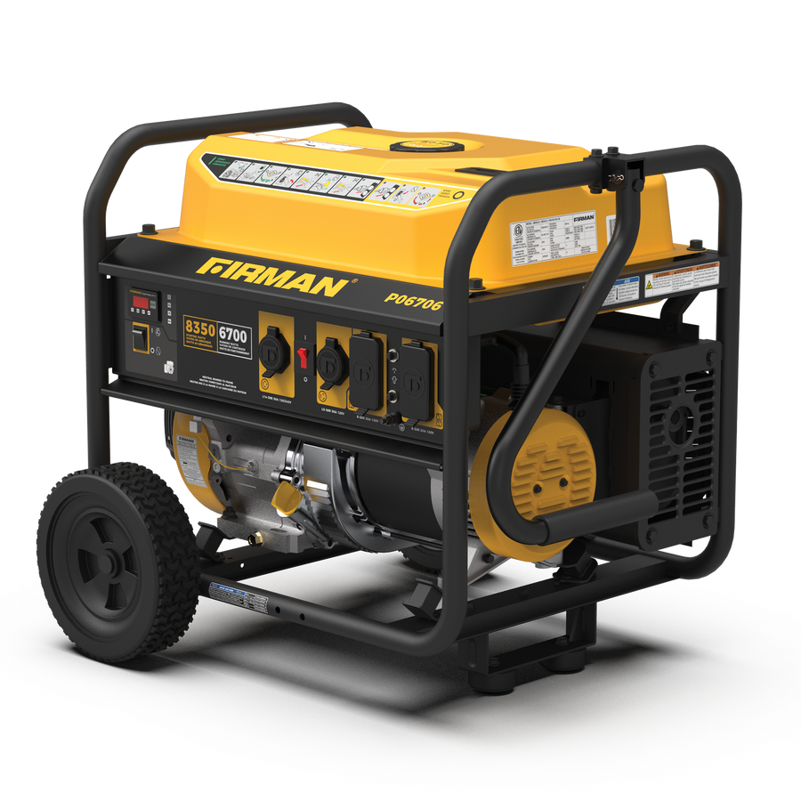 Gas Portable FIRMAN Power Equipment 8350W Recoil Start 120/240V generator on wheels featuring control panel with multiple outlets, set against a plain white background.