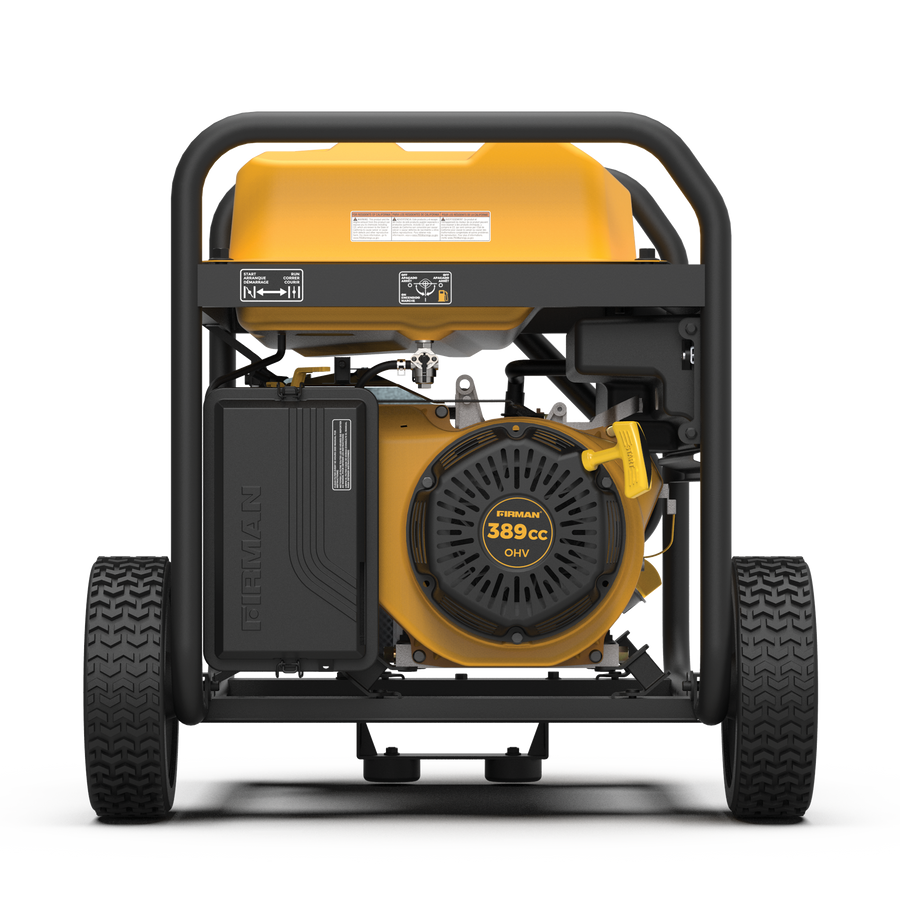 Front view of a yellow and black FIRMAN Power Equipment Gas Portable Generator 8350W Recoil Start 120/240V on a frame with wheels, showcasing a 389cc engine and control panel.