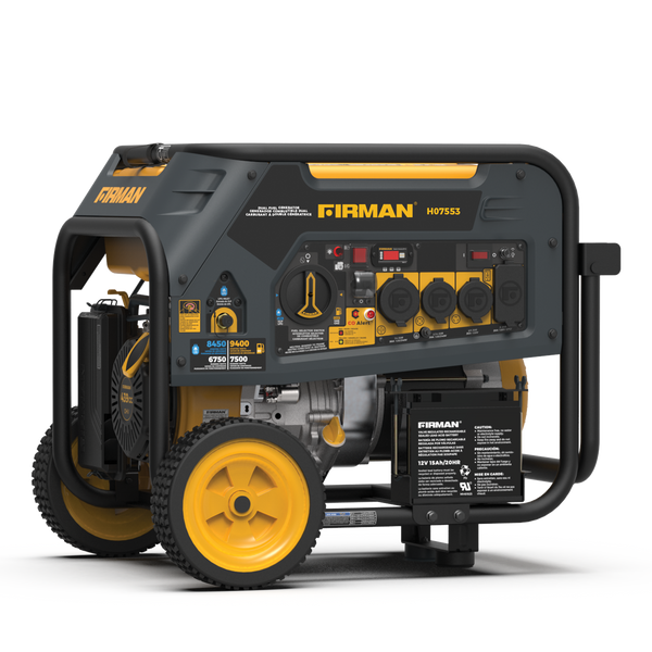 A FIRMAN Power Equipment Dual Fuel Portable Generator 9400W Electric Start 120/240V with CO Alert on wheels, featuring various outlets and a digital display, set against a striped background.