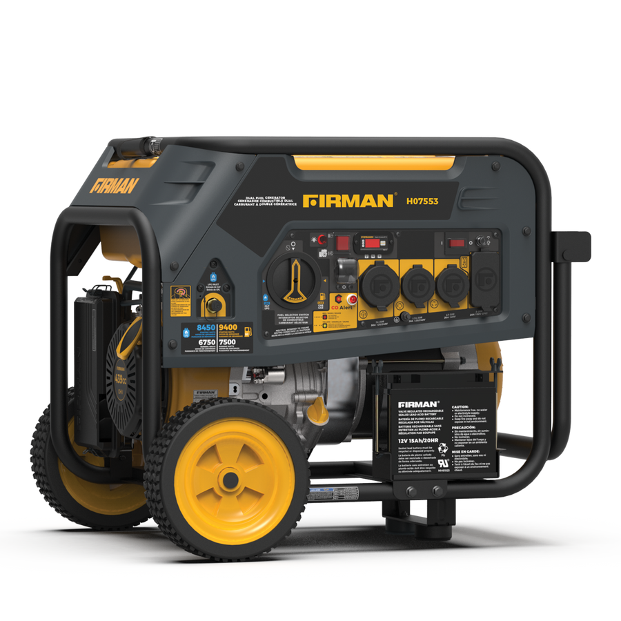 A FIRMAN Power Equipment Dual Fuel Portable Generator 9400W Electric Start 120/240V with CO Alert on wheels, featuring various outlets and a digital display, set against a striped background.
