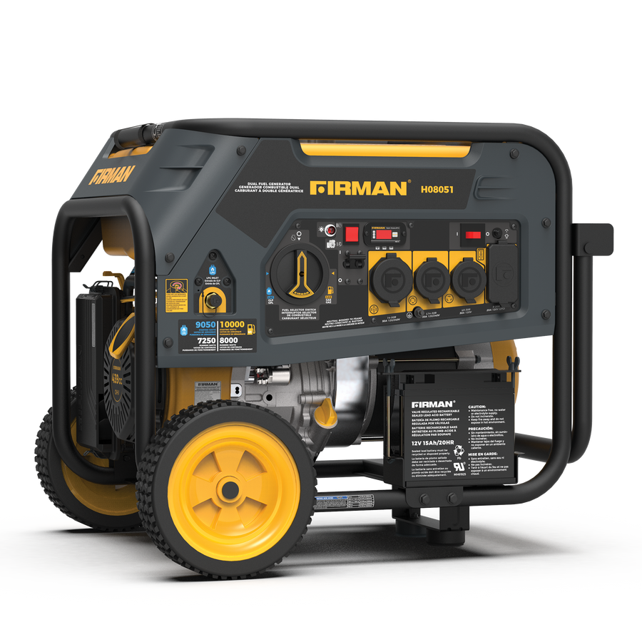 Replace the product in the sentence with:
Dual Fuel Portable Generator 8000W Electric Start 120/240V by FIRMAN Power Equipment

Revised Sentence: Dual Fuel Portable Generator 8000W Electric Start 120/240V by FIRMAN Power Equipment with black and yellow color scheme, featuring multiple outlets and a digital display, mounted on a frame with wheels.