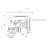 Technical line drawing of a FIRMAN Power Equipment Dual Fuel Portable Generator 8000W Electric Start 120/240V with labeled dimensions indicating height, width, and depth.