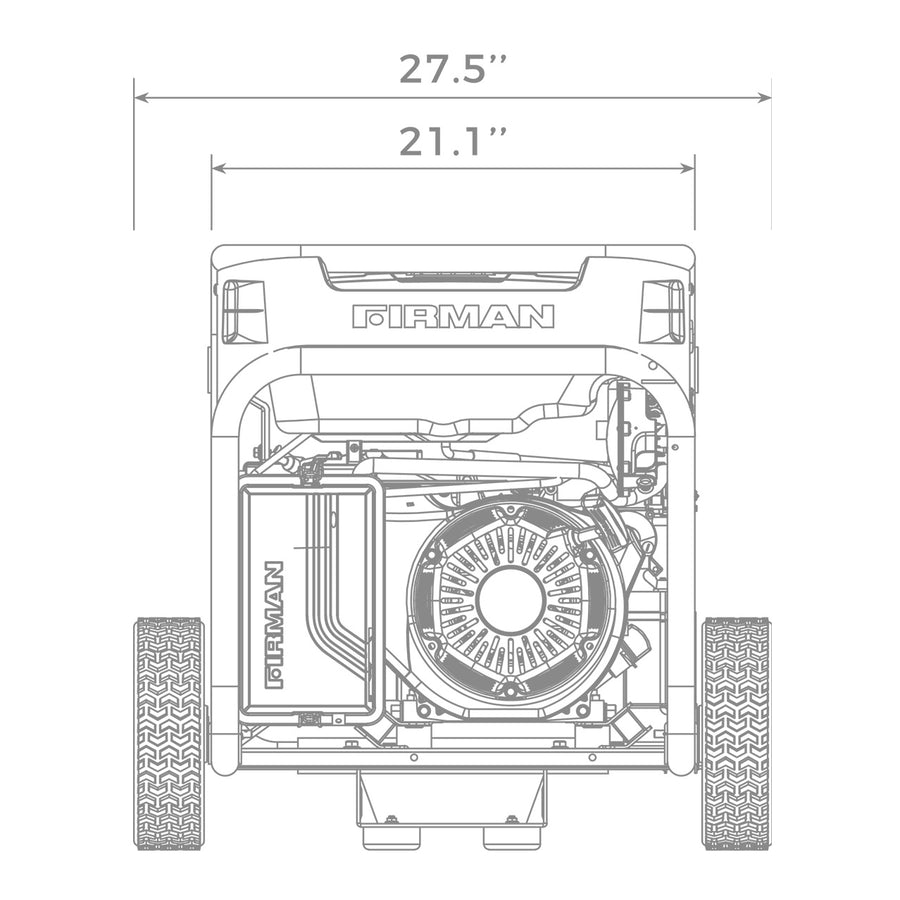 Technical drawing of a FIRMAN Power Equipment H08053 Hybrid portable generator showing front view dimensions and detailed component design.
