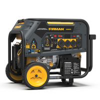 Portable FIRMAN Power Equipment H08053 Hybrid dual fuel generator with a yellow and black color scheme, featuring multiple outlets and control knobs, displayed on a plain background.