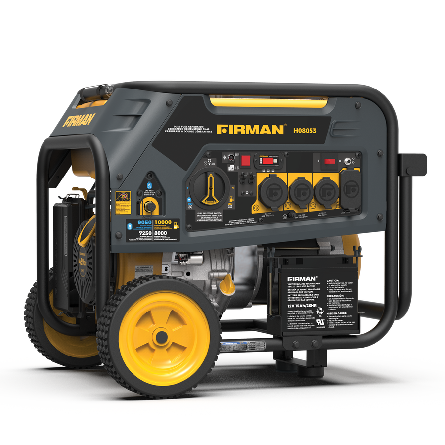 Portable FIRMAN Power Equipment H08053 Hybrid dual fuel generator with a yellow and black color scheme, featuring multiple outlets and control knobs, displayed on a plain background.