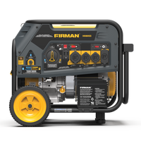 A FIRMAN Power Equipment Dual Fuel Portable Generator 8000W Electric Start 120/240V with wheels, featuring a control panel, outlets, and a visible engine.