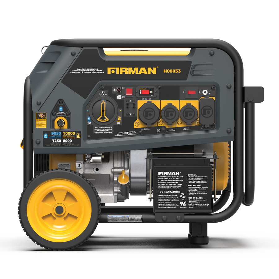 A FIRMAN Power Equipment Dual Fuel Portable Generator 8000W Electric Start 120/240V with wheels, featuring a control panel, outlets, and a visible engine.