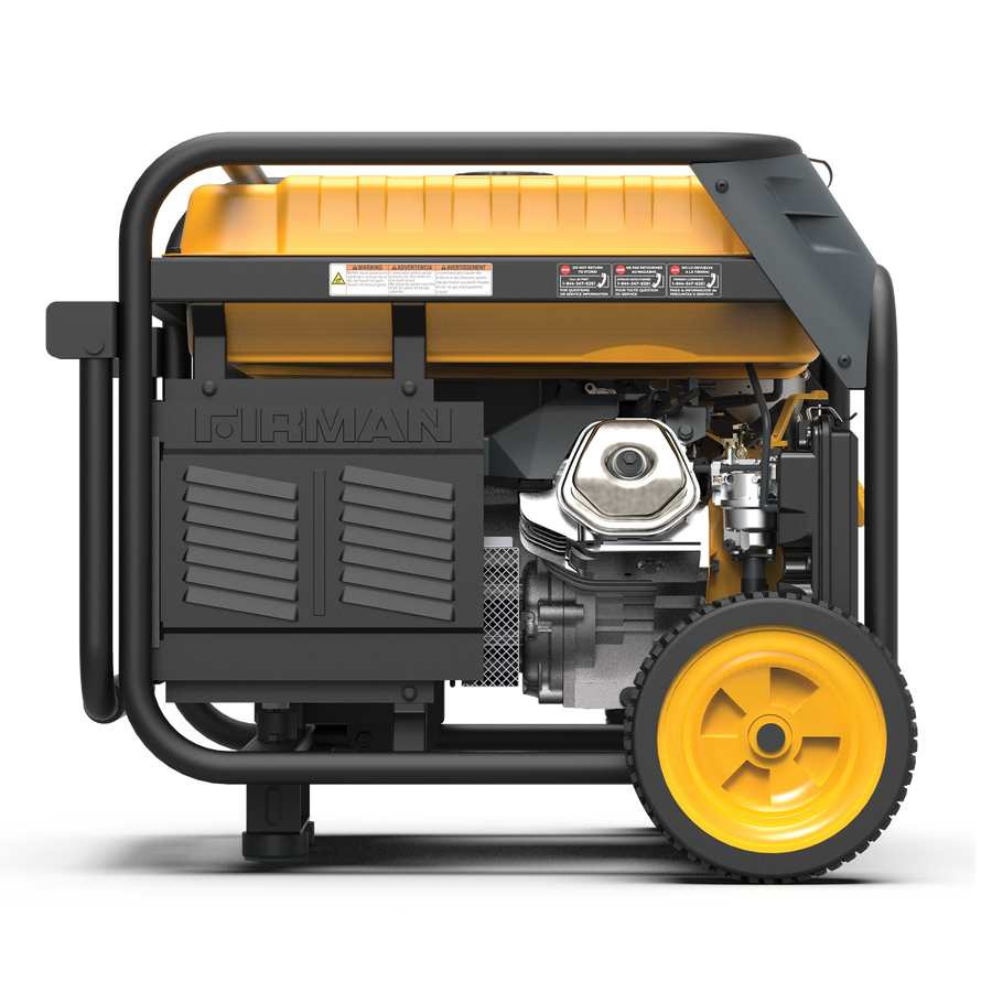 FIRMAN Power Equipment Dual Fuel Portable Generator 8000W Electric Start 120/240V on wheels with visible engine and control panel, predominantly black and yellow.