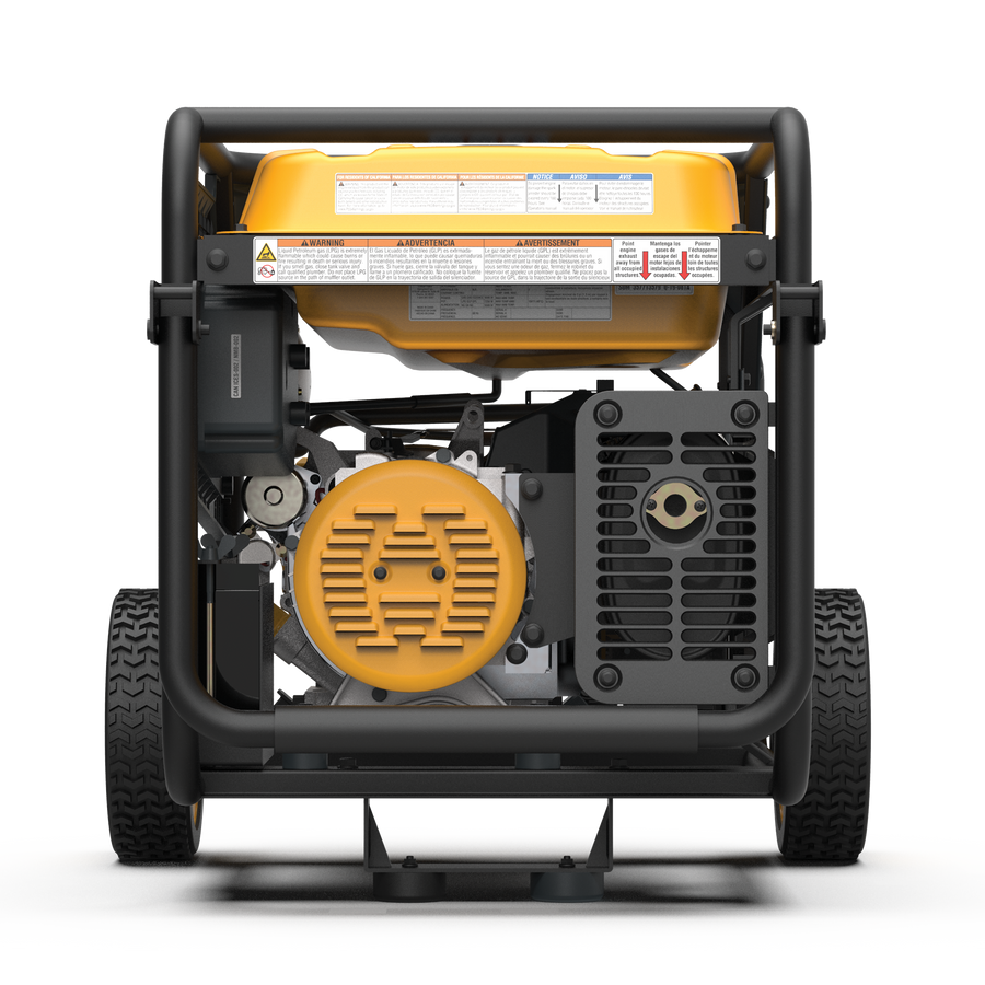 The back of a FIRMAN Power Equipment Dual Fuel Portable Generator 8000W Electric Start 120/240V.