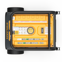 Top-down view of a portable yellow FIRMAN Power Equipment H08053 Hybrid dual fuel generator lying horizontally with visible outlets and dials, surrounded by black wheels.