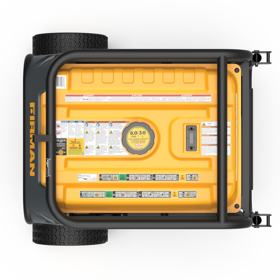 Top-down view of a portable yellow FIRMAN Power Equipment H08053 Hybrid dual fuel generator lying horizontally with visible outlets and dials, surrounded by black wheels.