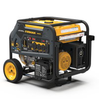 Portable FIRMAN Power Equipment H08053 Dual Fuel Portable Generator 8000W Electric Start 120/240V with yellow and black casing, featuring multiple outlets and mounted on wheels.
