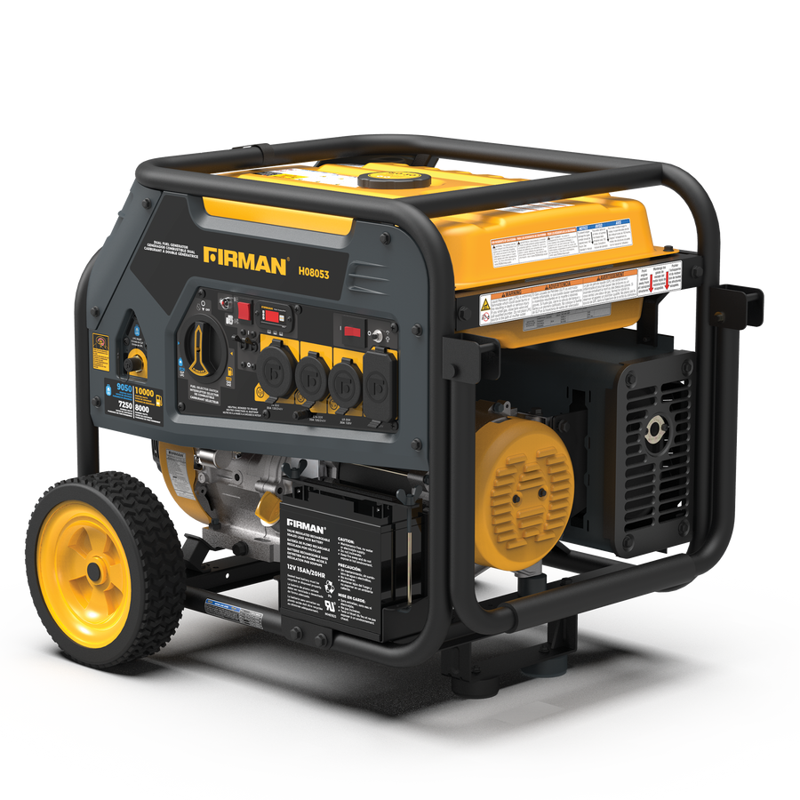 Portable FIRMAN Power Equipment H08053 Dual Fuel Portable Generator 8000W Electric Start 120/240V with yellow and black casing, featuring multiple outlets and mounted on wheels.