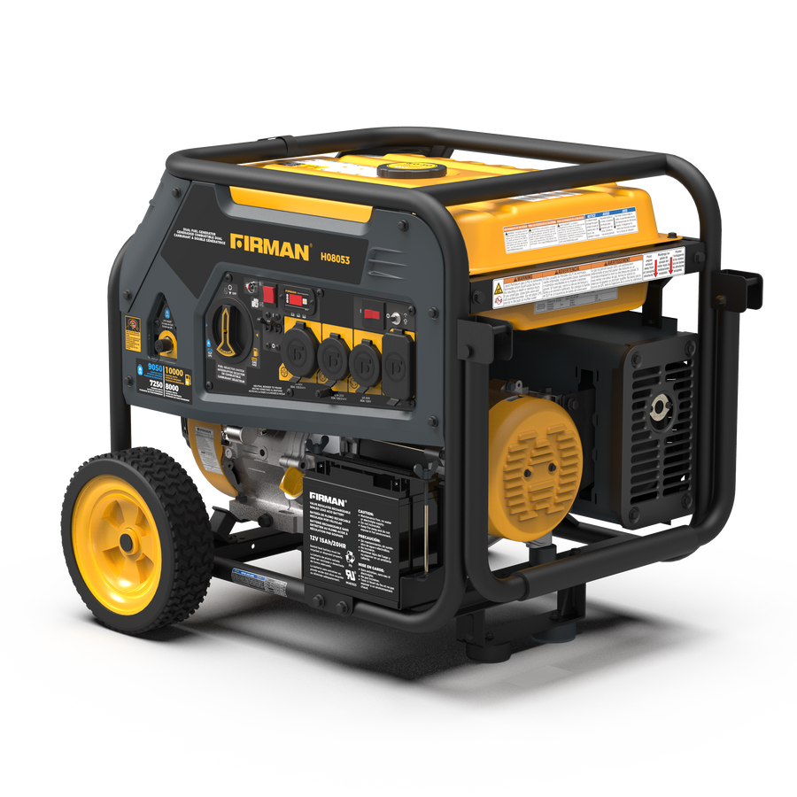 A close-up of a FIRMAN Power Equipment Dual Fuel Portable Generator 8000W Electric Start 120/240V.