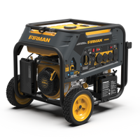 A FIRMAN Power Equipment Dual Fuel Portable Generator 8000W Electric Start 120/240V with yellow and black color scheme, featuring a control panel, large wheels, and a handle.
