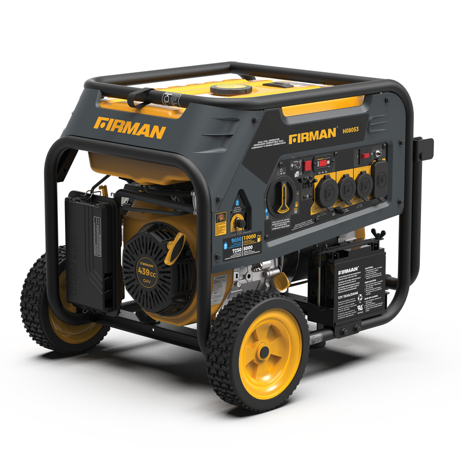 A FIRMAN Power Equipment Dual Fuel Portable Generator 8000W Electric Start 120/240V with yellow and black color scheme, featuring a control panel, large wheels, and a handle.