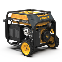 A FIRMAN Power Equipment Dual Fuel Portable Generator 8000W Electric Start 120/240V with yellow and black colors on wheels, featuring visible engine components and control panel.