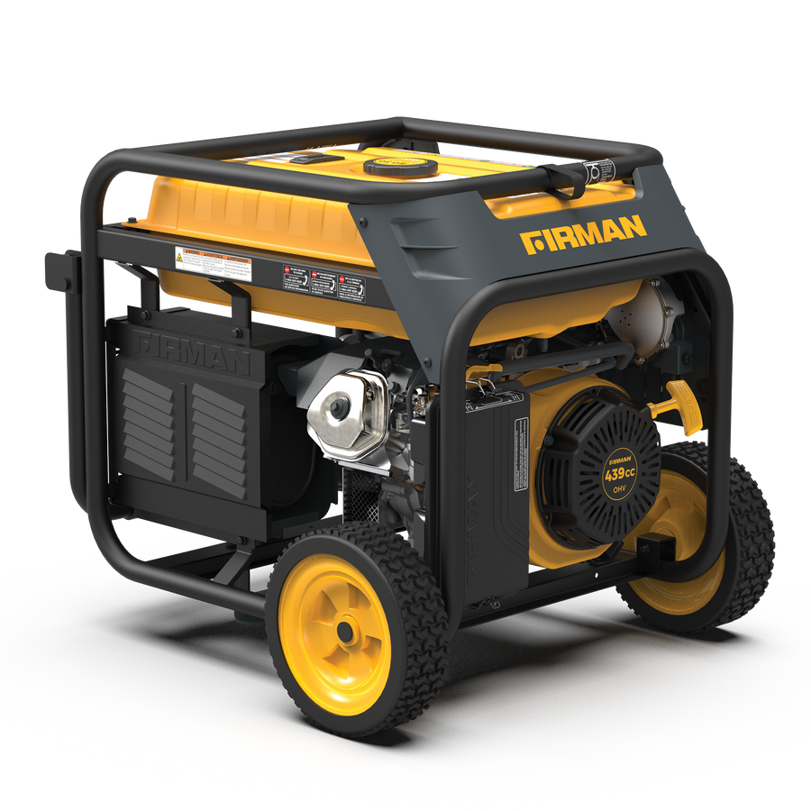 A FIRMAN Power Equipment Dual Fuel Portable Generator 8000W Electric Start 120/240V with yellow and black colors on wheels, featuring visible engine components and control panel.