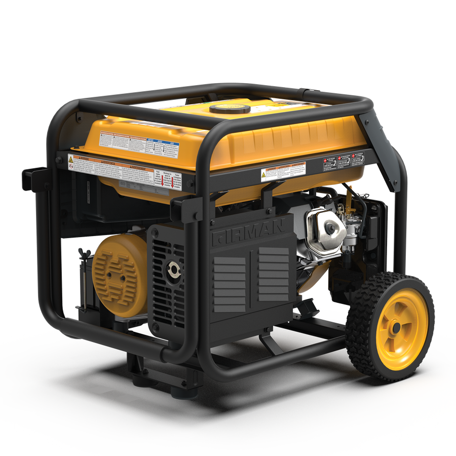 Portable FIRMAN Power Equipment dual fuel generator on wheels, featuring a black frame with a yellow and black engine cover, displayed on a white background.